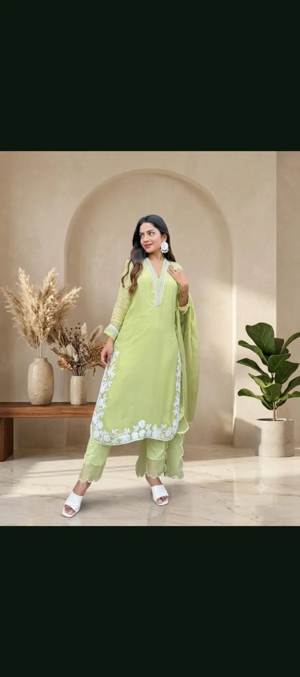 Green_Faux_Georgette_With_Chikankari_Embroidery_With_Cotton_Blend_Kurti_Set_For_Women