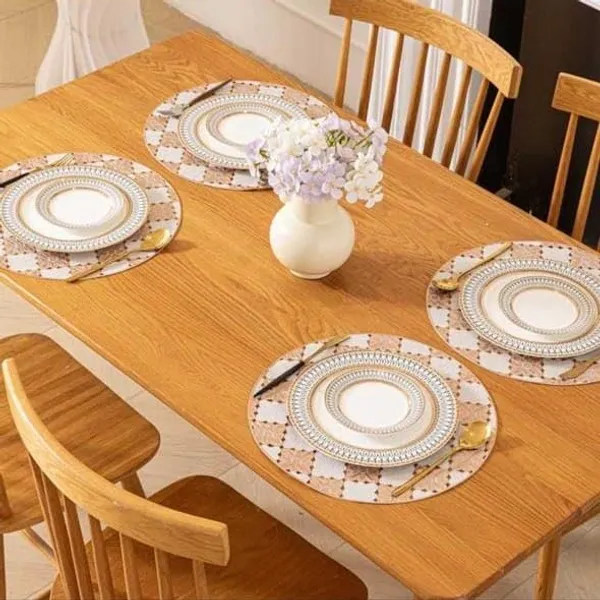 HomeCloud_Round_Waterproof_Dining_Table_Placemats_|_Strong_&_Easy-Clean_Table_Mat_for_Dining,_Center_&_Bedside_Table_|_Protects_from_Spills,_Heat_&_Scratches_(White_Rosegold,_Set_of_2)