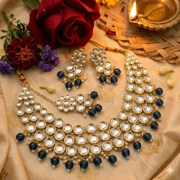 White_And_Navy_Blue_Premium_Alloy_Necklace_Sets_For_Women