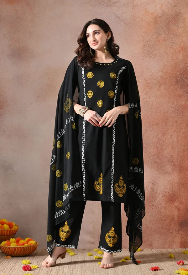 Black_Handblock_Hand_Work_Kurta_Set_With_Dupatta_For_Women