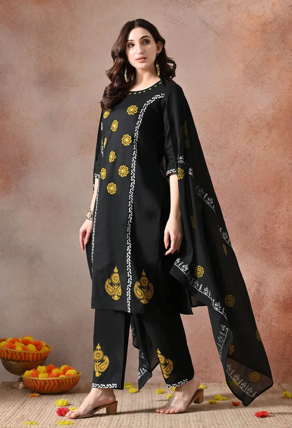 Black_Handblock_Hand_Work_Kurta_Set_With_Dupatta_For_Women