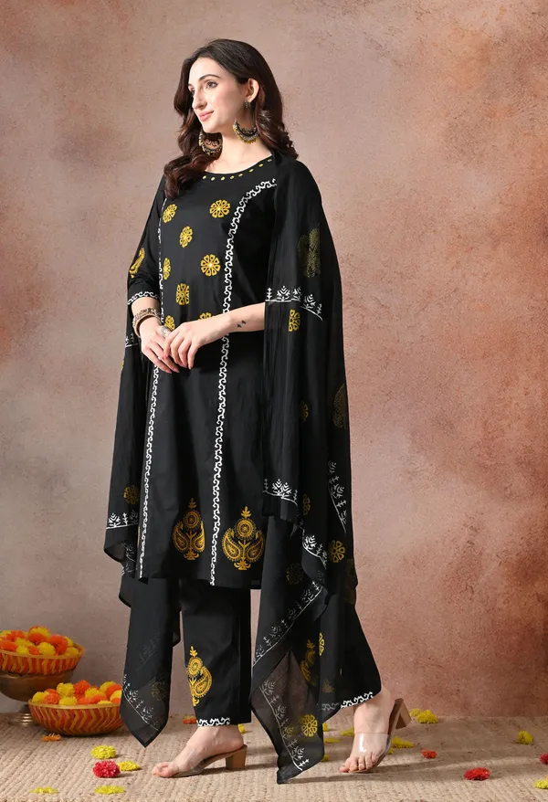 Black_Handblock_Hand_Work_Kurta_Set_With_Dupatta_For_Women