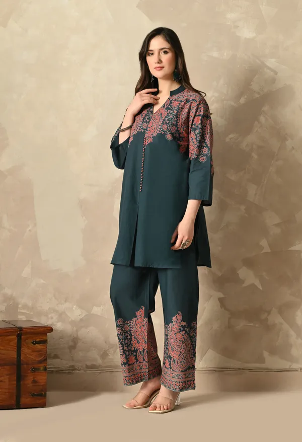Teal_Cross_Stitch_Printed_Co-Ord_Set_For_Women