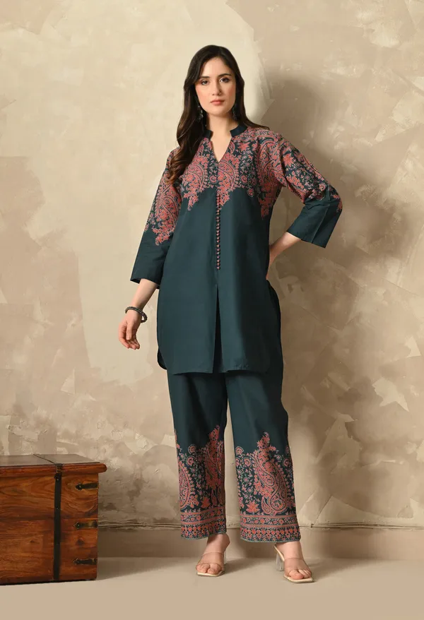 Teal_Cross_Stitch_Printed_Co-Ord_Set_For_Women