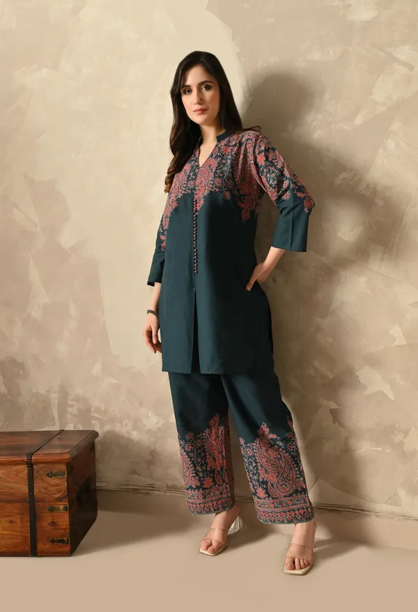 Teal_Cross_Stitch_Printed_Co-Ord_Set_For_Women