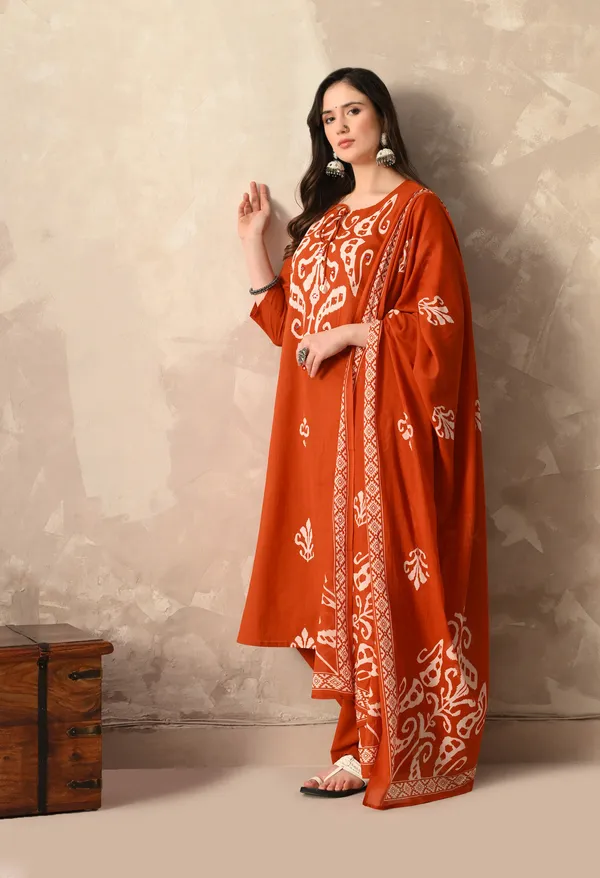 Rust_Ikkat_Digital_Printed_Kurta_Set_With_Dupatta_And_Tussles_For_Women