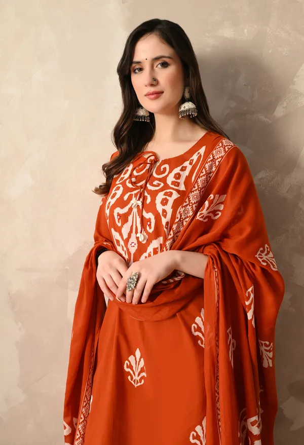 Rust_Ikkat_Digital_Printed_Kurta_Set_With_Dupatta_And_Tussles_For_Women