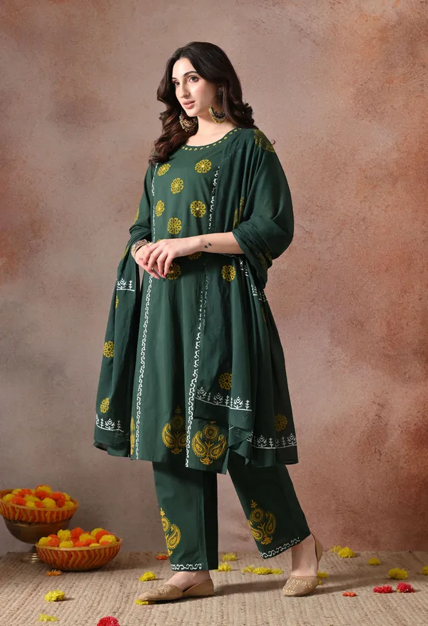 Green_Handblock_Hand_Work_Kurta_Set_With_Dupatta_For_Women