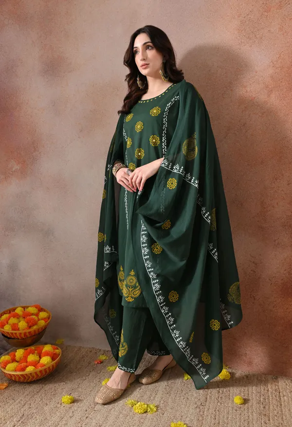 Green_Handblock_Hand_Work_Kurta_Set_With_Dupatta_For_Women