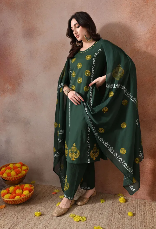 Green_Handblock_Hand_Work_Kurta_Set_With_Dupatta_For_Women