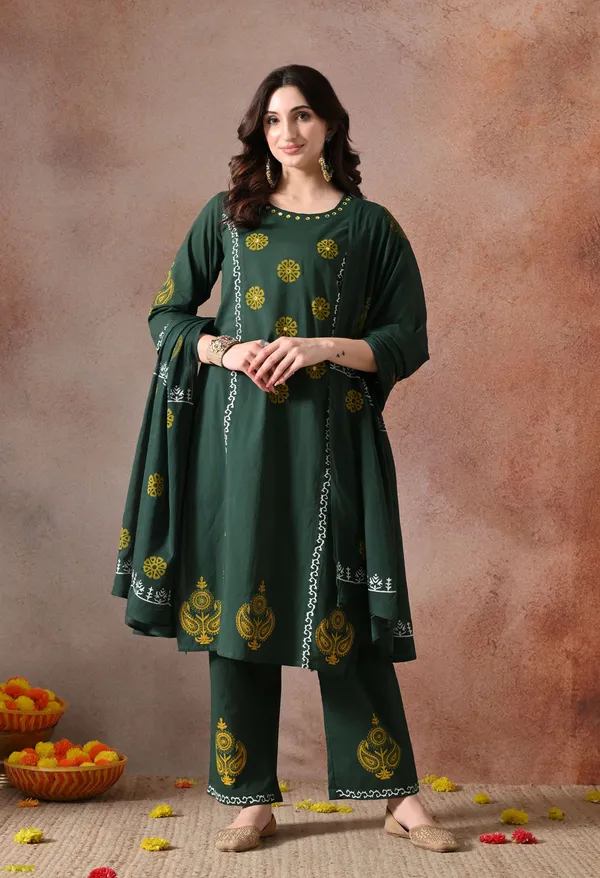 Green_Handblock_Hand_Work_Kurta_Set_With_Dupatta_For_Women