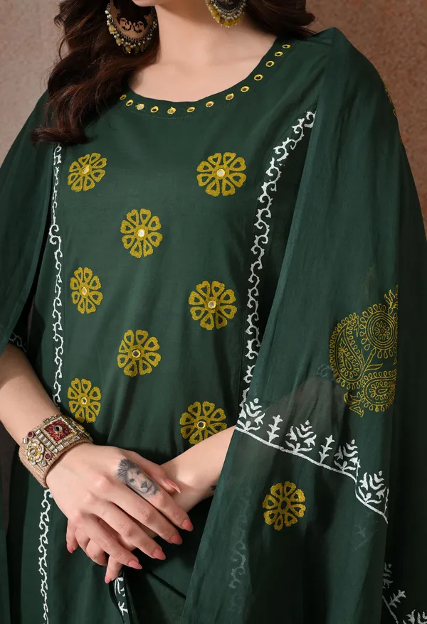 Green_Handblock_Hand_Work_Kurta_Set_With_Dupatta_For_Women