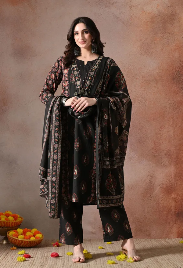 Black_A_Line_Hand_Work_Kurta_Set_With_Dupatta_For_Women