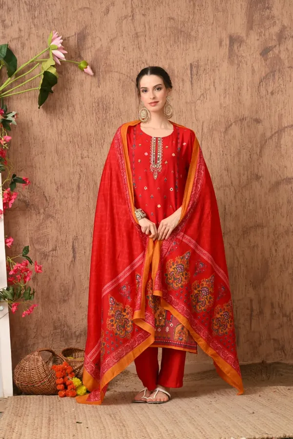 Red_Cotton_Handwork_Kurta_Set_For_Women