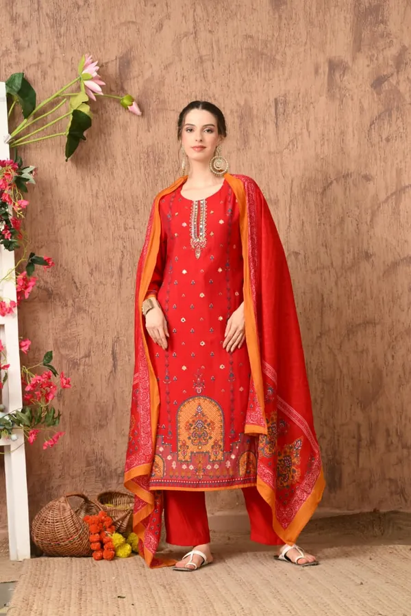 Red_Cotton_Handwork_Kurta_Set_For_Women