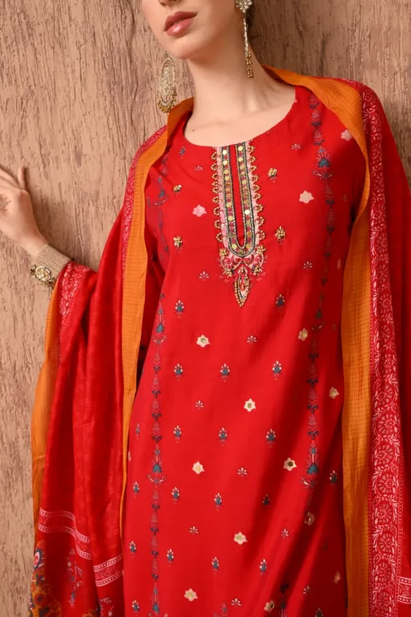 Red_Cotton_Handwork_Kurta_Set_For_Women