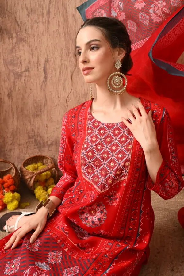 Rust_Cotton_Handwork_Kurta_Set_For_Women