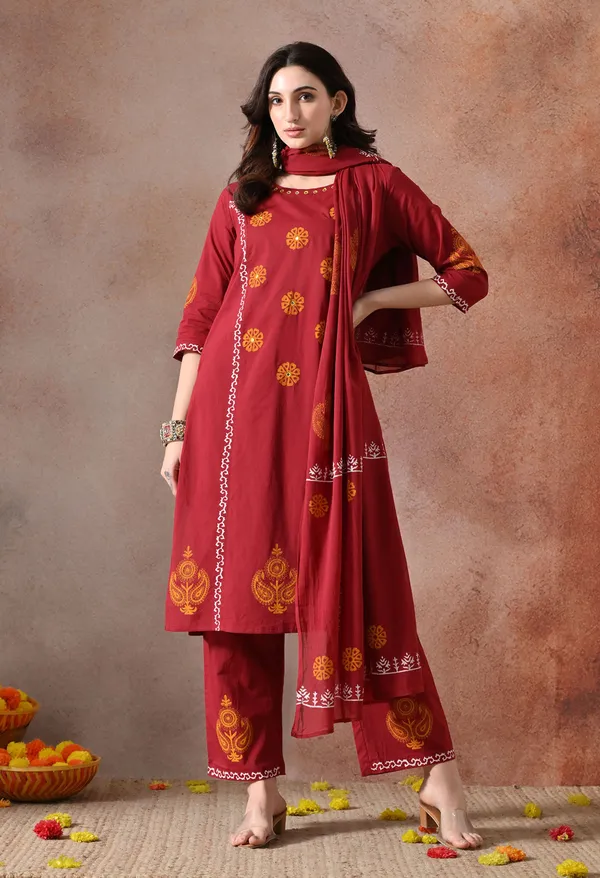 Maroon_Handblock_Hand_Work_Kurta_Set_With_Dupatta_For_Women