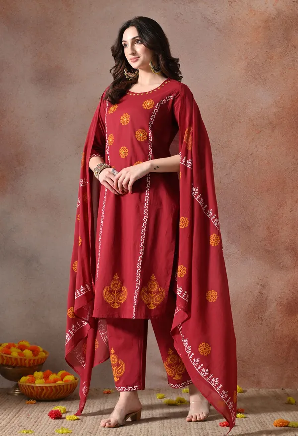 Maroon_Handblock_Hand_Work_Kurta_Set_With_Dupatta_For_Women