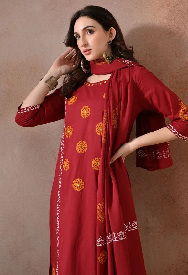 Maroon_Handblock_Hand_Work_Kurta_Set_With_Dupatta_For_Women