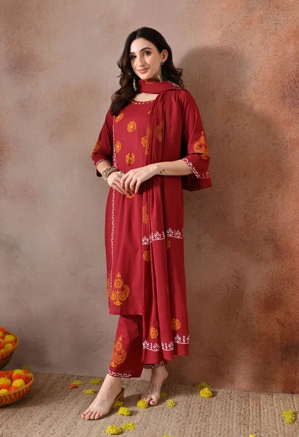 Maroon_Handblock_Hand_Work_Kurta_Set_With_Dupatta_For_Women