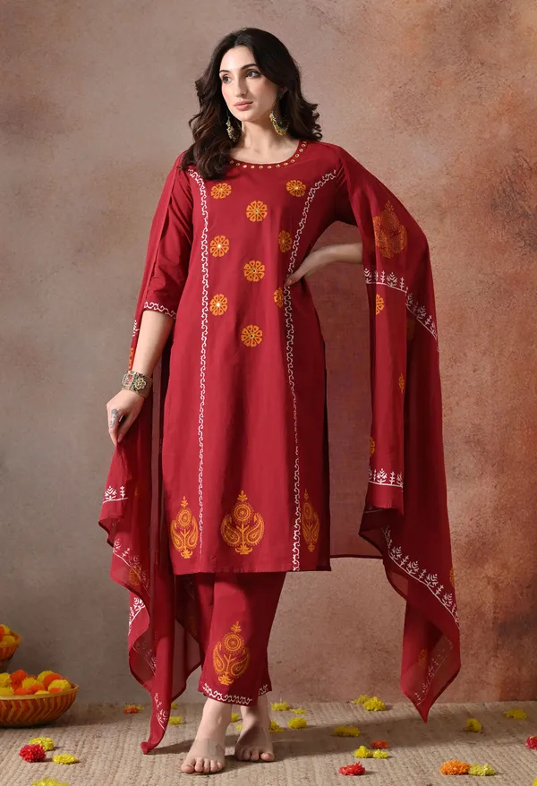 Maroon_Handblock_Hand_Work_Kurta_Set_With_Dupatta_For_Women