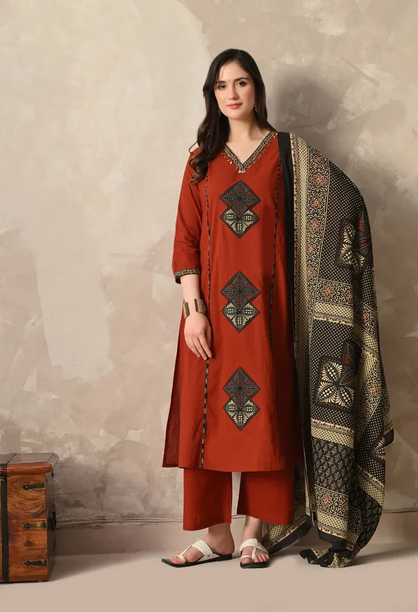 Rust_Patchwork_And_Hand_Work_Kurta_Set_With_Dupatta_For_Women