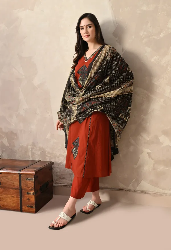 Rust_Patchwork_And_Hand_Work_Kurta_Set_With_Dupatta_For_Women