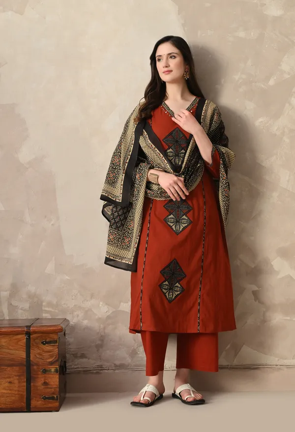 Rust_Patchwork_And_Hand_Work_Kurta_Set_With_Dupatta_For_Women