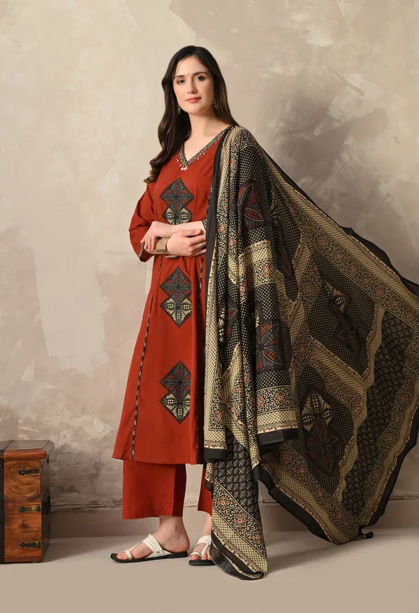 Rust_Patchwork_And_Hand_Work_Kurta_Set_With_Dupatta_For_Women