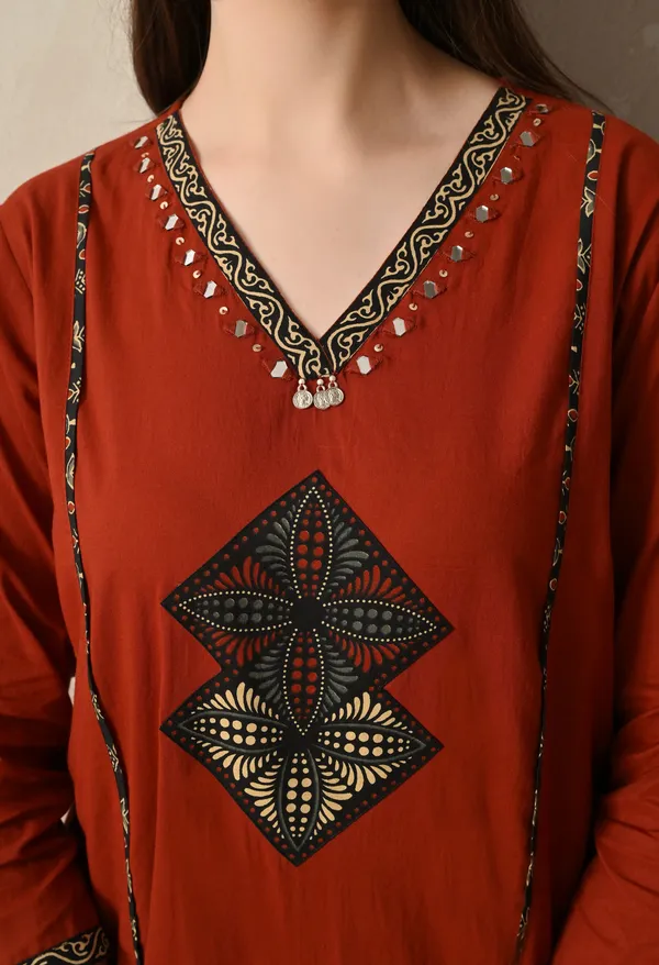 Rust_Patchwork_And_Hand_Work_Kurta_Set_With_Dupatta_For_Women