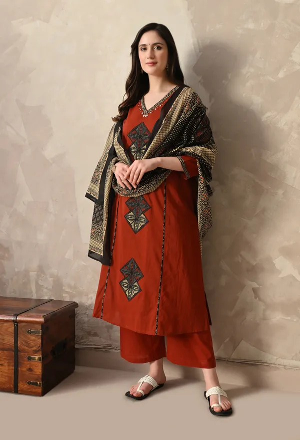 Rust_Patchwork_And_Hand_Work_Kurta_Set_With_Dupatta_For_Women