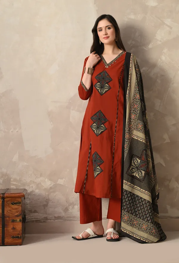 Rust_Patchwork_And_Hand_Work_Kurta_Set_With_Dupatta_For_Women