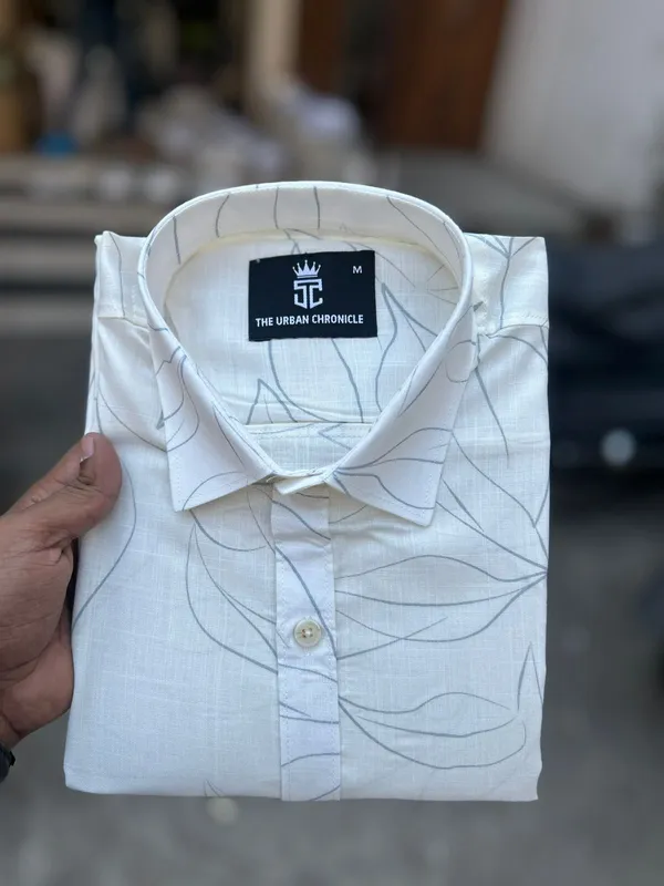 White_Pure_Cotton_Formal_With_Leaf_Print_Pattern_Shirt_For_Men