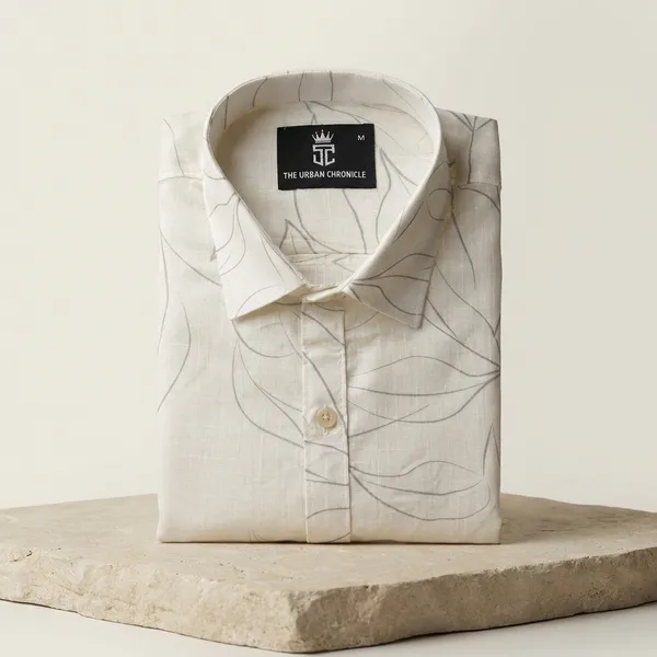 White_Pure_Cotton_Formal_With_Leaf_Print_Pattern_Shirt_For_Men