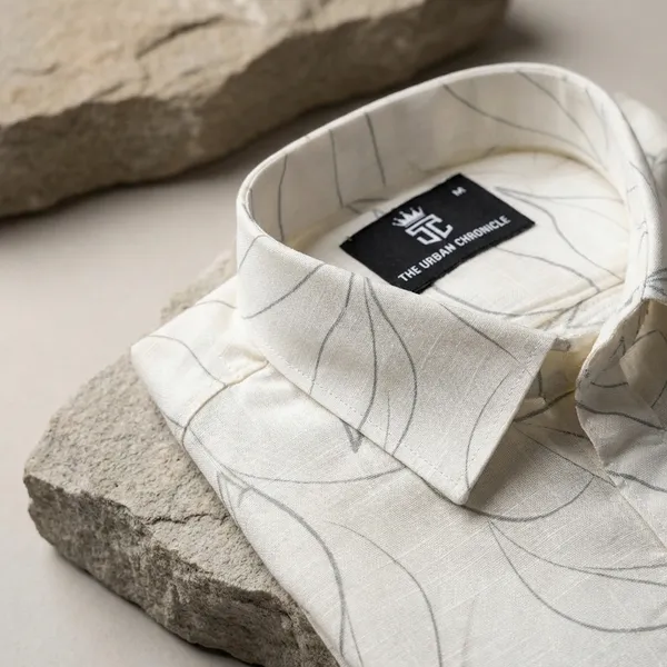 White_Pure_Cotton_Formal_With_Leaf_Print_Pattern_Shirt_For_Men