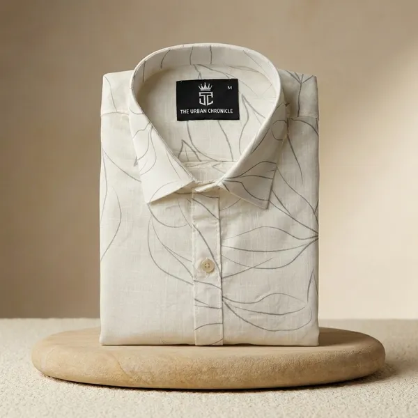 White_Pure_Cotton_Formal_With_Leaf_Print_Pattern_Shirt_For_Men