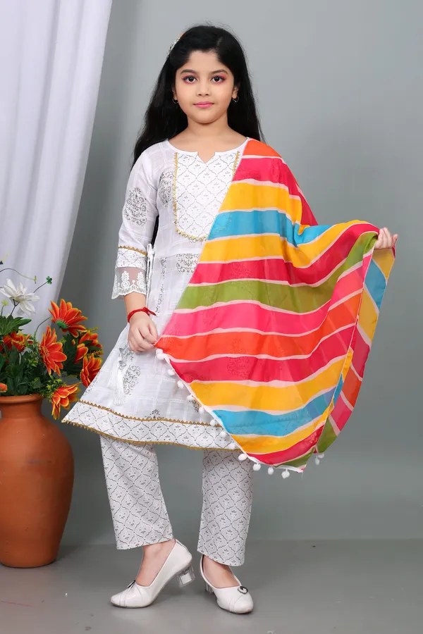 White_Pure_Cotton_Printed_Kurta_Pyjama_And_Dupatta_Set_For_Girls