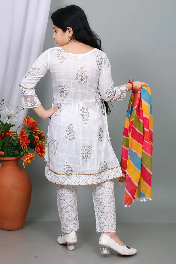 White_Pure_Cotton_Printed_Kurta_Pyjama_And_Dupatta_Set_For_Girls