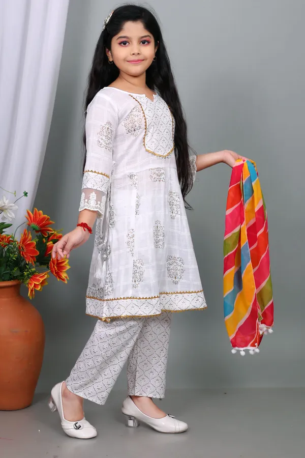 White_Pure_Cotton_Printed_Kurta_Pyjama_And_Dupatta_Set_For_Girls