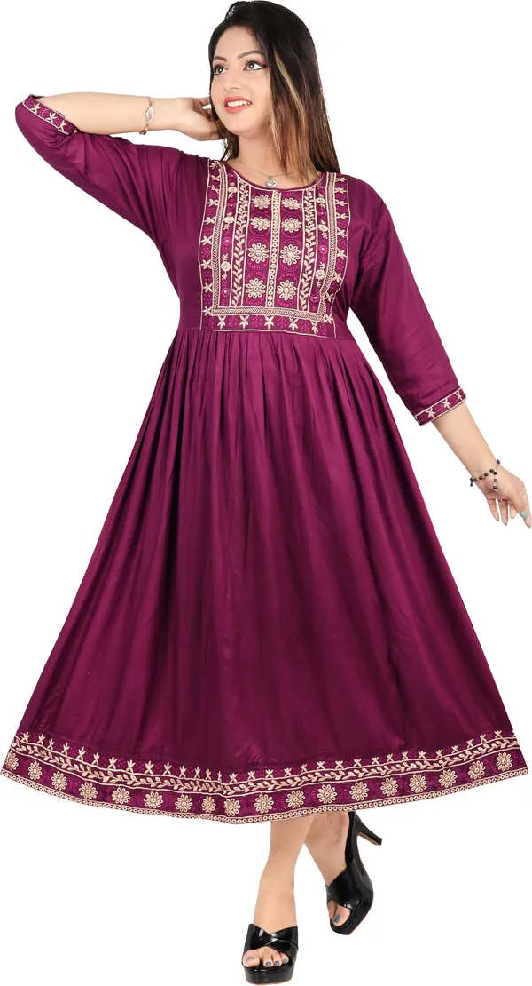 Wine_Cotton_Rayon_Embroidered_Anarkali_Kurta_For_Women