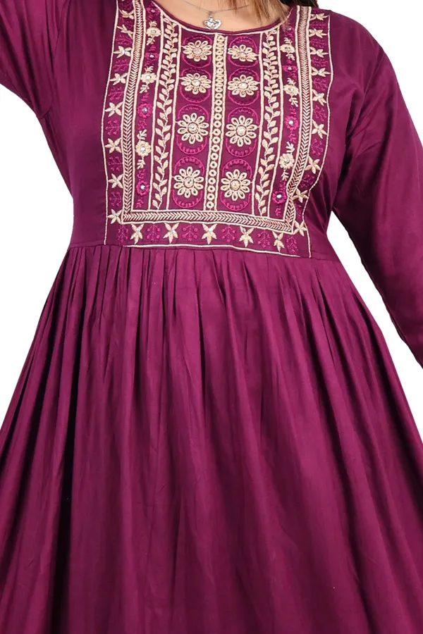 Wine_Cotton_Rayon_Embroidered_Anarkali_Kurta_For_Women