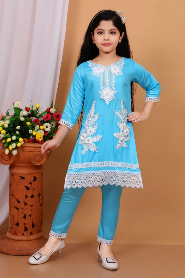 Aqua_Blue_Rayon_Applique_Kurta_And_Churidar_Set_For_Girls