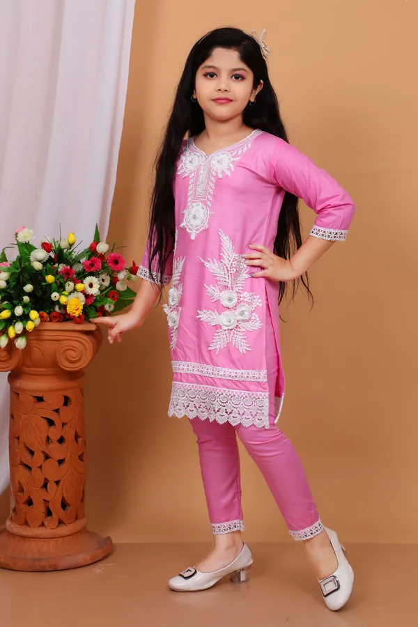 Pink_Rayon_Applique_Kurta_And_Churidar_Set_For_Girls