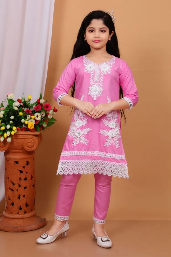 Pink_Rayon_Applique_Kurta_And_Churidar_Set_For_Girls