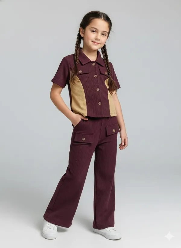 Maroon_Cotton_Blend_Solid_Self_Design_Pant_Set_For_Girls