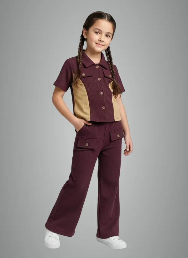 Maroon_Cotton_Blend_Solid_Self_Design_Pant_Set_For_Girls