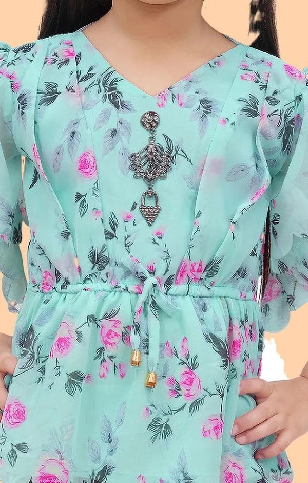 Aqua_Blue_Chiffon_Floral_Print_Tunic_For_Girls