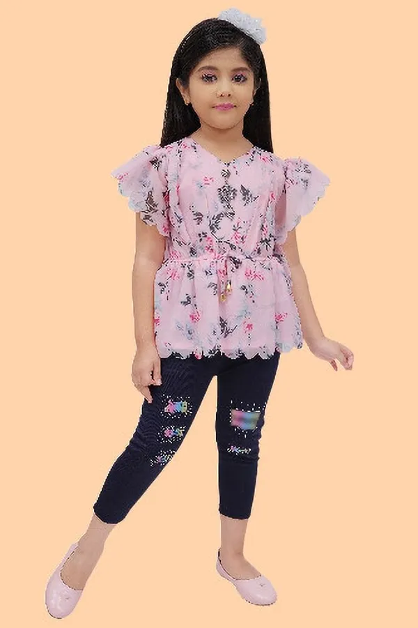 Peach_Chiffon_Floral_Print_Tunic_For_Girls