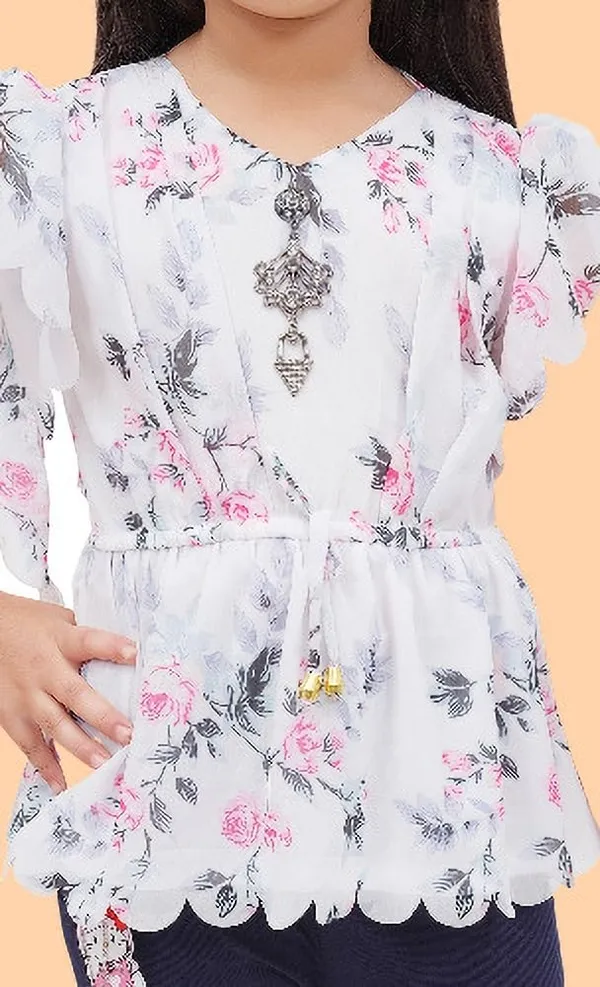 White_Chiffon_Floral_Print_Tunic_For_Girls